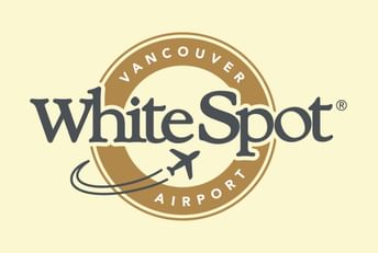 White Spot Vancouver Airport logo featuring a circular emblem with a plane silhouette and curved flight path on a tan background with registered trademark symbol