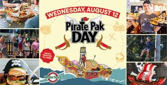 Pirate Pak Day event poster for Wednesday, August 12, featuring pirate-themed activities, food, and attractions for all ages at an amusement park with White Spot restaurant branding.