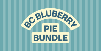 BC Blueberry Pie Bundle logo on striped teal background with cream-colored banner and text in dark blue lettering