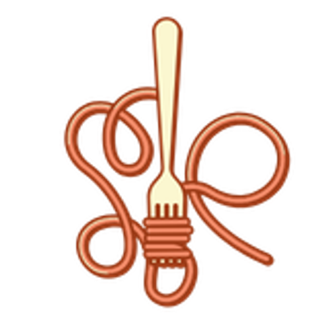 Illustration of cooking utensils including a whisk, spatula, spoon, and pot arranged in a circular composition with brown line art style.