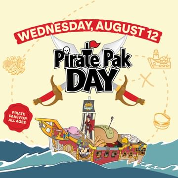 Pirate Pak Day event poster for Wednesday, August 12 featuring a colorful pirate ship with crossed swords, treasure chest, and themed icons on a beige background with blue ocean waves.