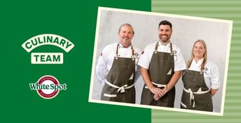 Three chefs in dark aprons and white shirts standing together against a light background, with White Spot Culinary Team logo on green background to the left