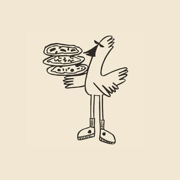 Stylized cartoon rooster holding a stack of three pizzas, drawn in black line art on a beige background
